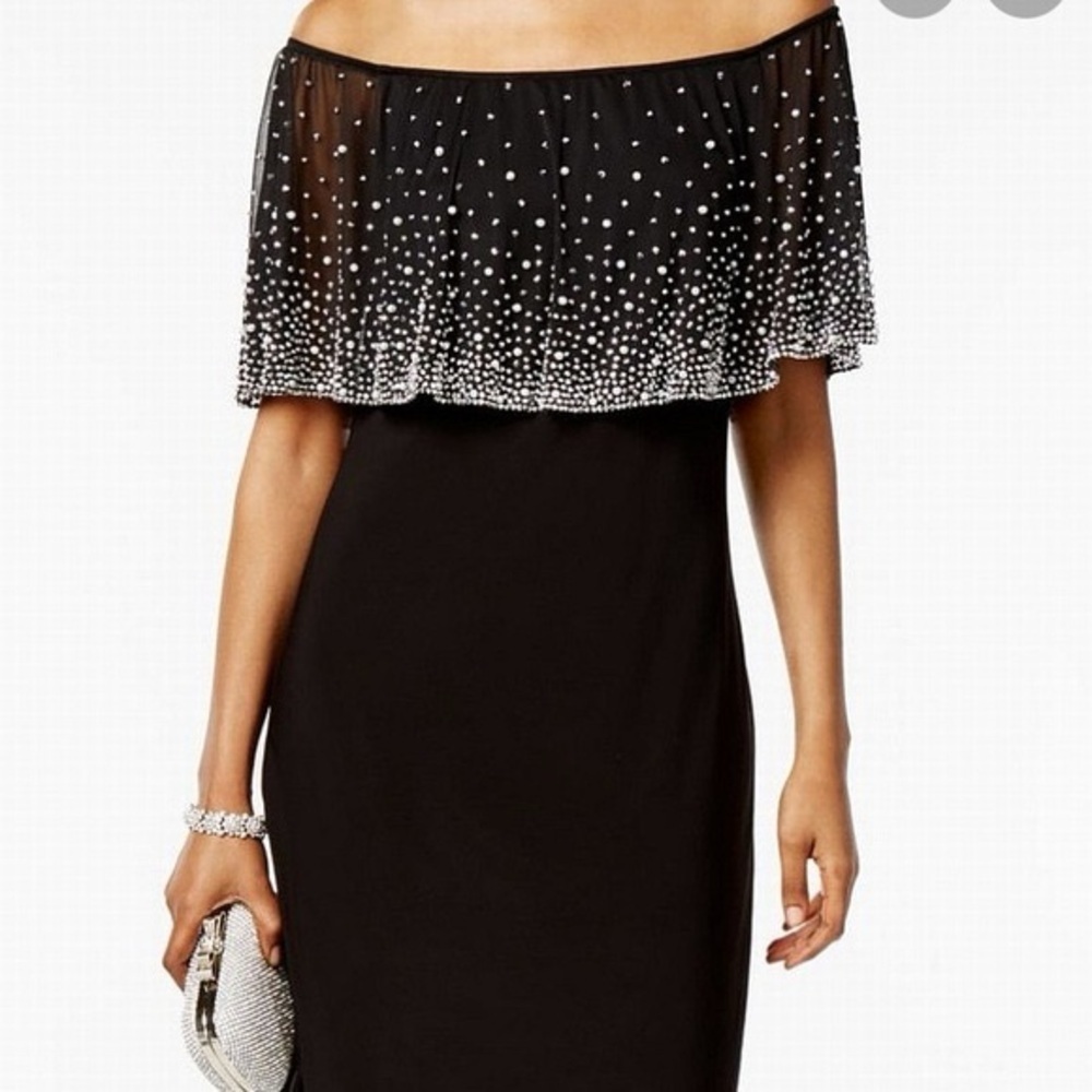 MSK Navy Blue Sequin Pearl Drape Collar Dress Party Wedding Size L Event Flowy